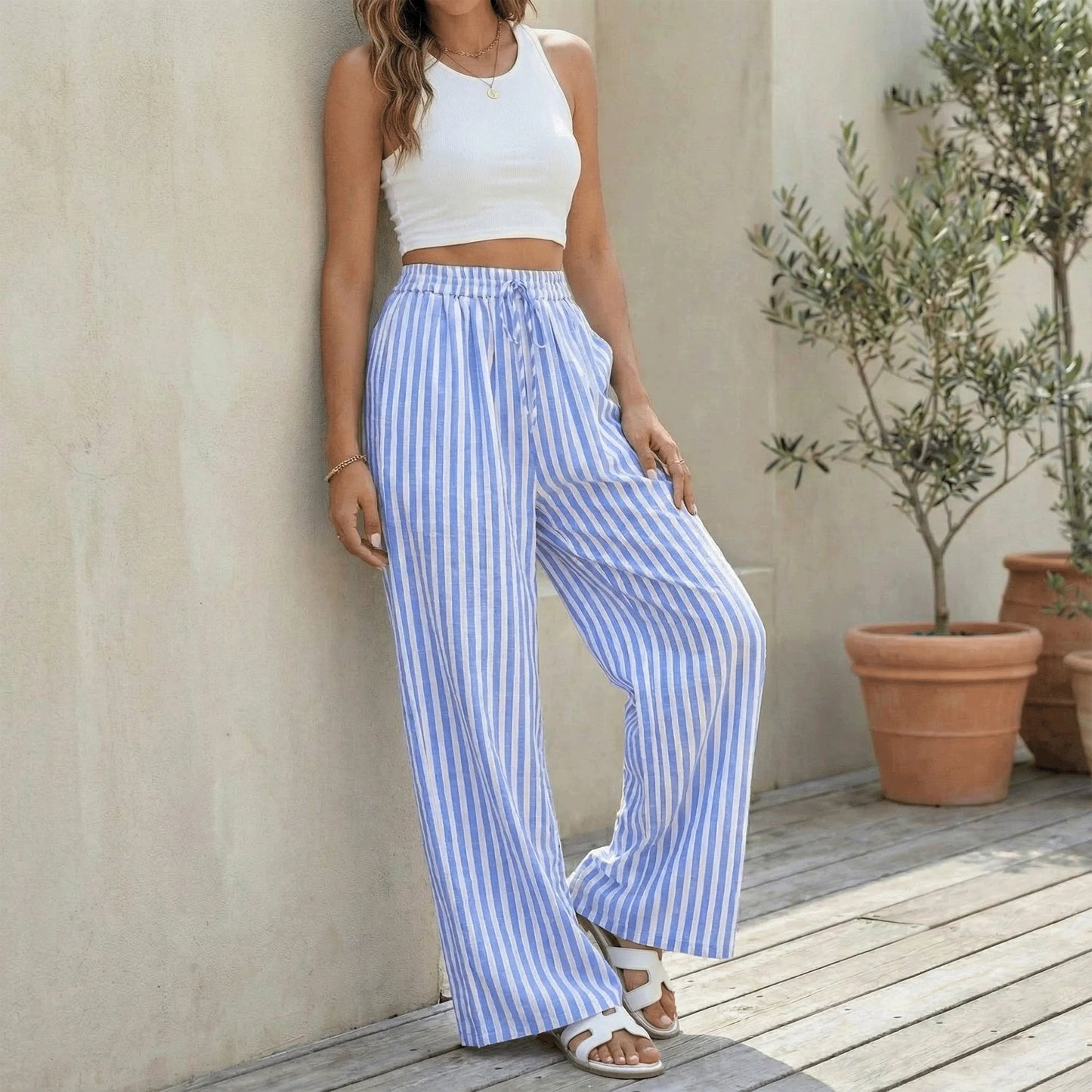 SOMER Women’s Wide Leg Pants Elastic Waist Striped Drawstring Lightweight Palazzo Pants Casual Lounge