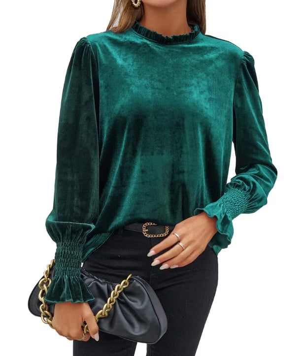 SOMER Womens Velvet Tops Long Sleeve Blouse Elegant Frilled Neck Dressy Shirt Business Casual Work Wear Fall Fashion