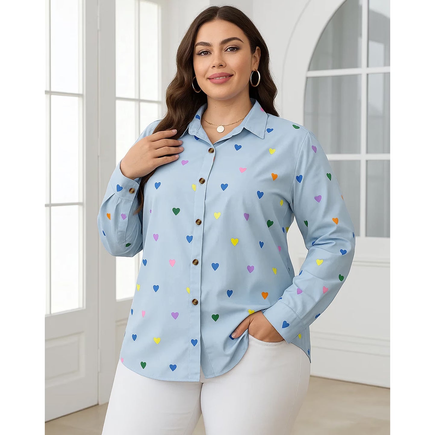 SOMER Womens Plus Size Button Down Blouses Long Sleeve V Neck Heart Print Collared Shirt Loose Fit Casual Fall Vacation Tops