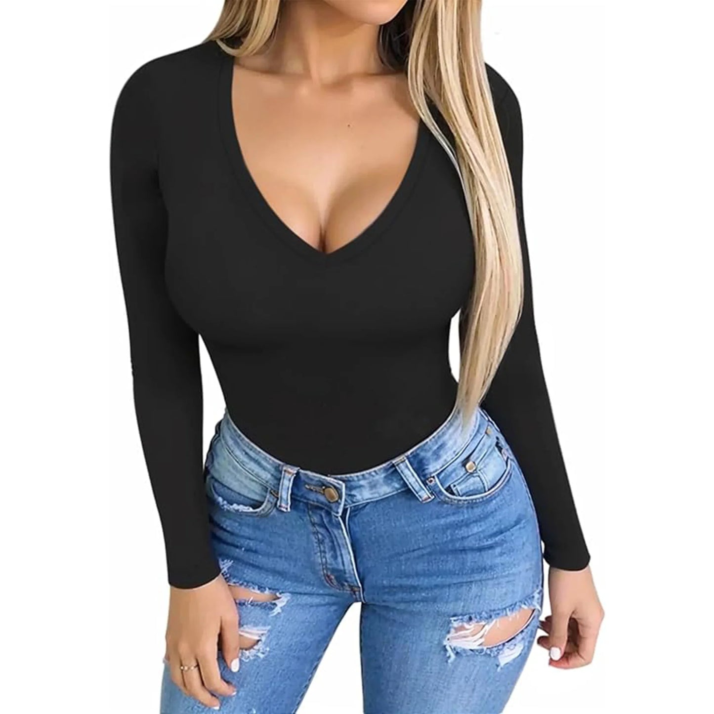 SOMER Body Suit Tummy Control Deep V Neck Long Sleeve Tops Black Bodysuit for Women Clothing
