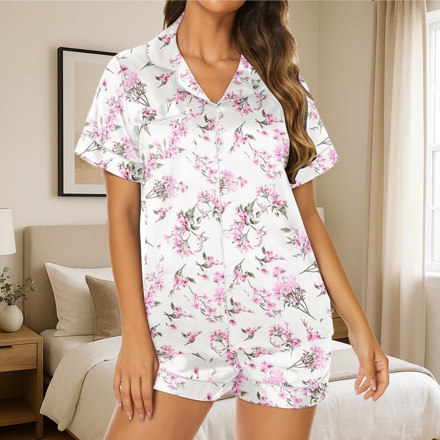 SOMER Silk Satin Pajama for Women Sets Floral Print Soft Short Sleeve Button Down Sleepwear Top and Shorts 2 Piece Pjs Lounge Set 2025