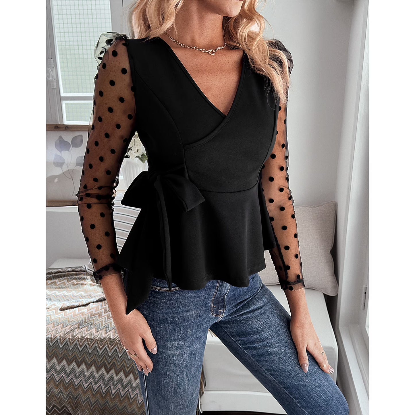 SOMER Womens V Neck Tops Black Going Out Tops for Women Dressy Casual Long Sleeve Lace Sexy Tops Trendy 2025