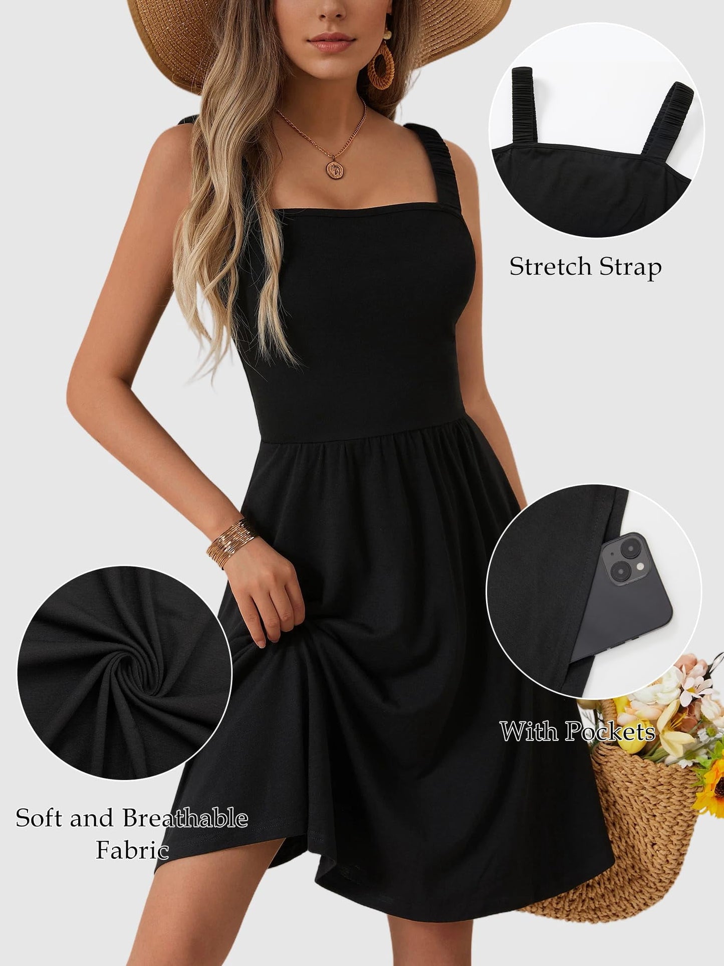 SOMER Women’s Summer Dresses Midi Sundress Square Neck with Pocket Sleeveless Boho High Waist A-Line Flowy Dress Casual Beach Vacation Yellow