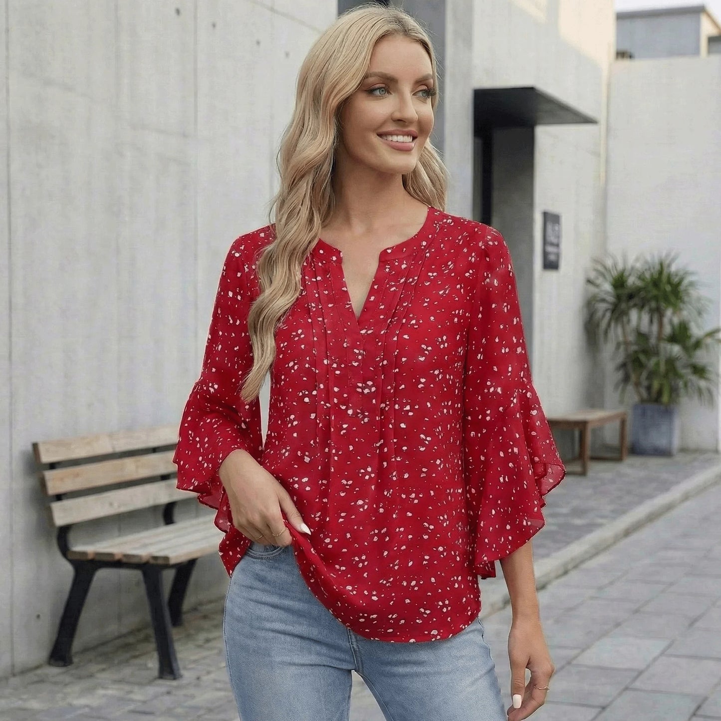 SOMER Women’s Flowy Tops Business Work Top 3/4 Sleeve Blouses V-Neck Summer Dressy Casual Shirts Red