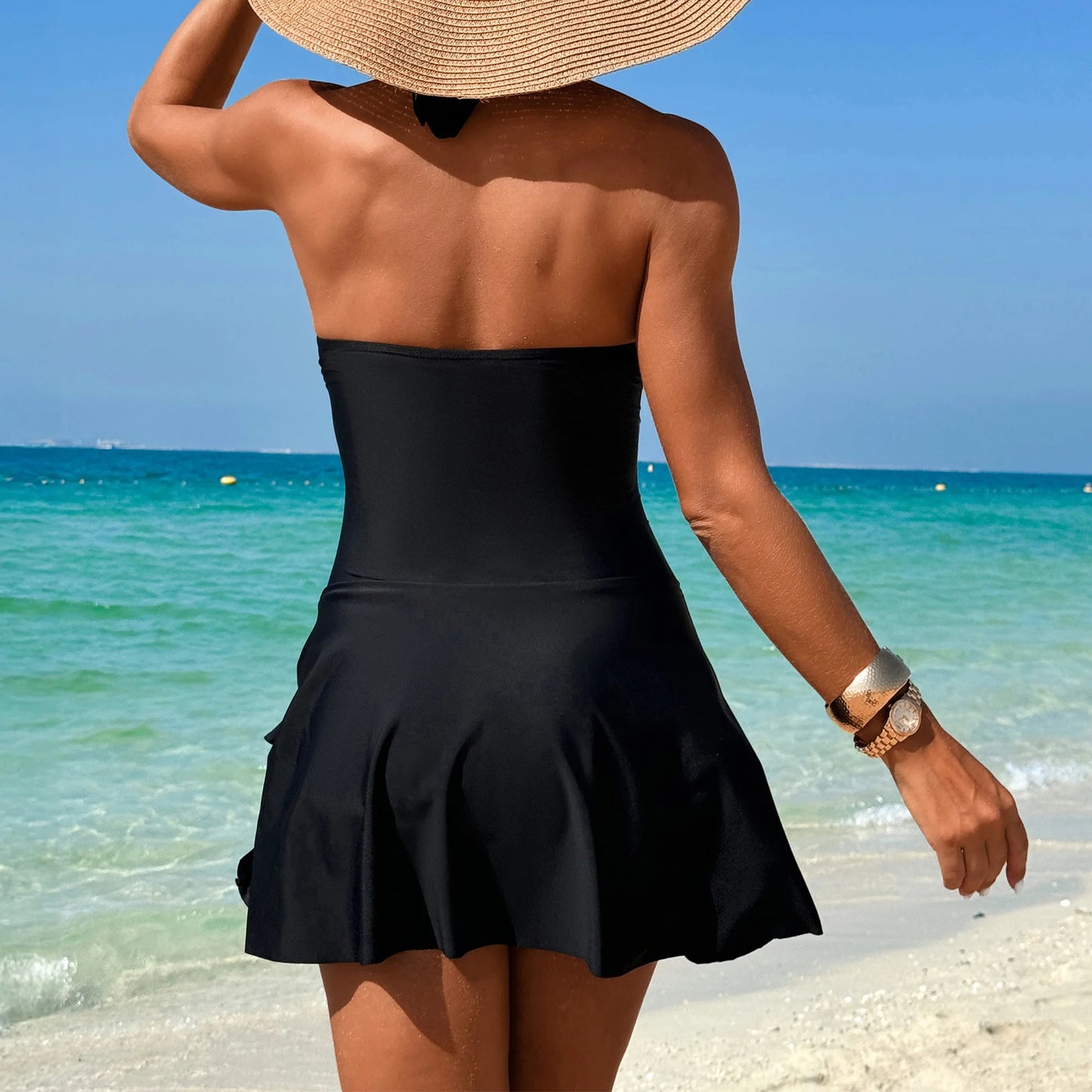 SOMER Women's One Piece Swimsuit Tummy Control Bathing Suits Push Up Swimdress Cutout V Neck Skirt Swimwear