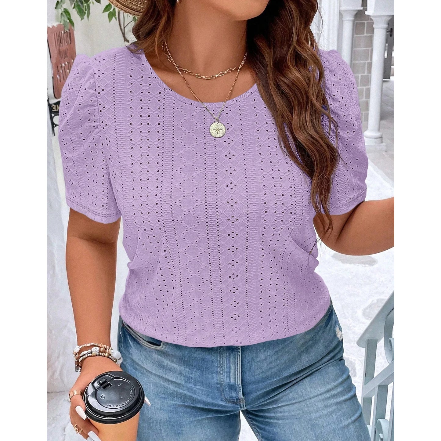 SOMER Plus Size Women Blouses Trendy Eyelet Cute Casual Short Sleeve Tops 2025 Purple