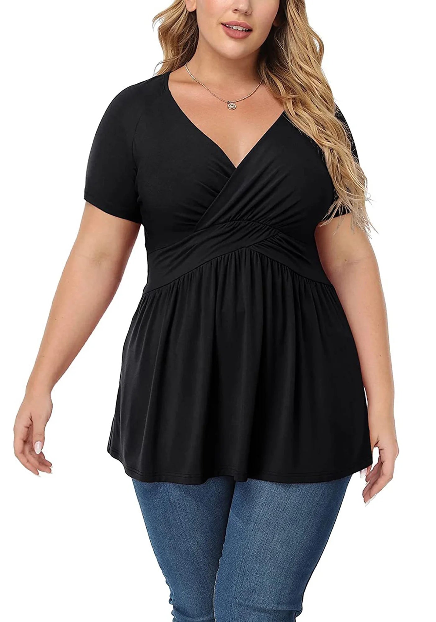 SOMER Women's Tops Plus Size T Shirt Short Sleeve V Neck Dressy Wrap Flowy 2025 Summer Black