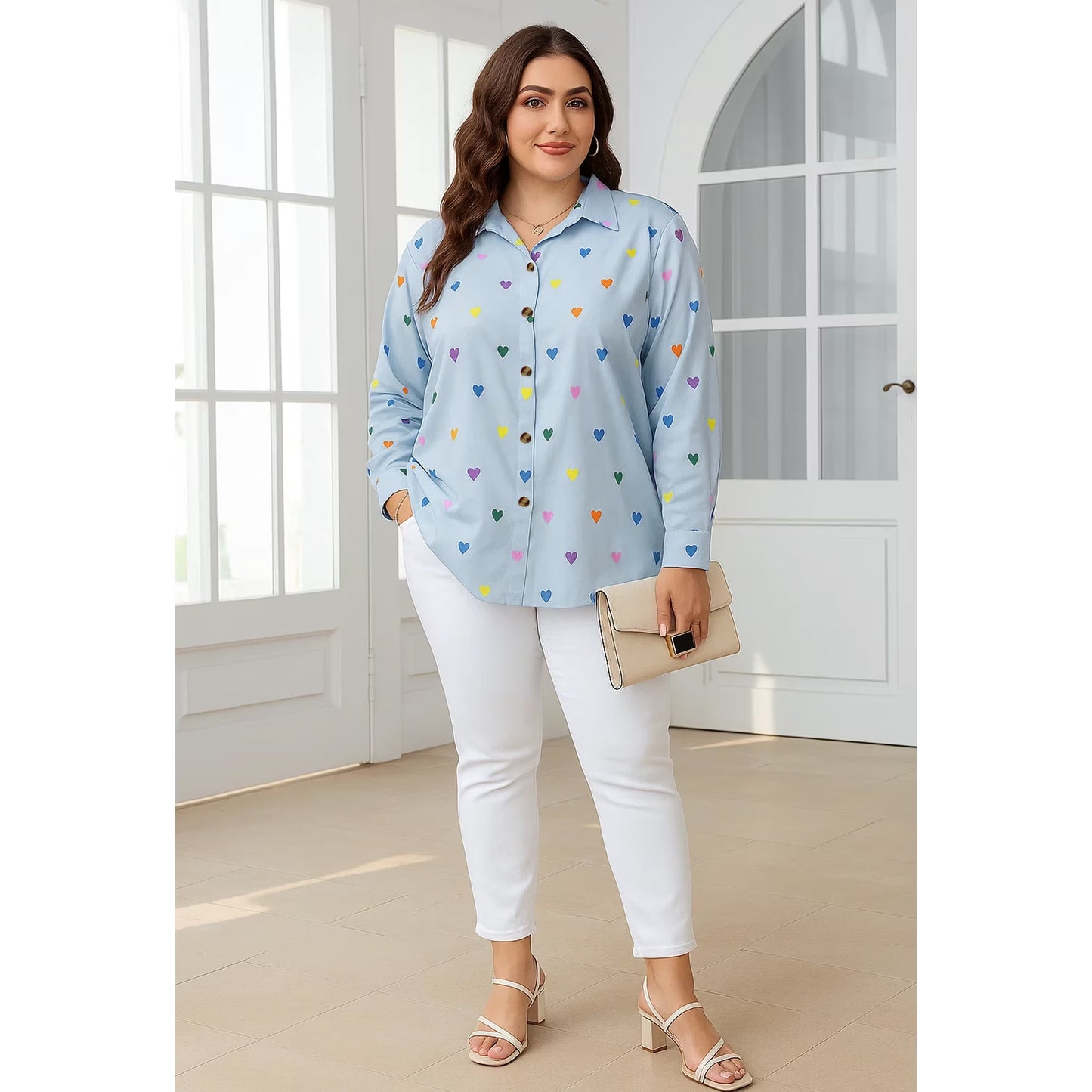 SOMER Womens Plus Size Button Down Blouses Long Sleeve V Neck Heart Print Collared Shirt Loose Fit Casual Fall Vacation Tops