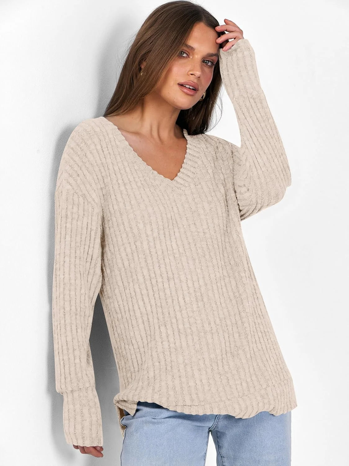 SOMER Long Sleeve Shirts for Women V Neck Casual Fall Tops Loose Fit Lightweight Sweaters Tunic Fashion 2025 Clothes Beige