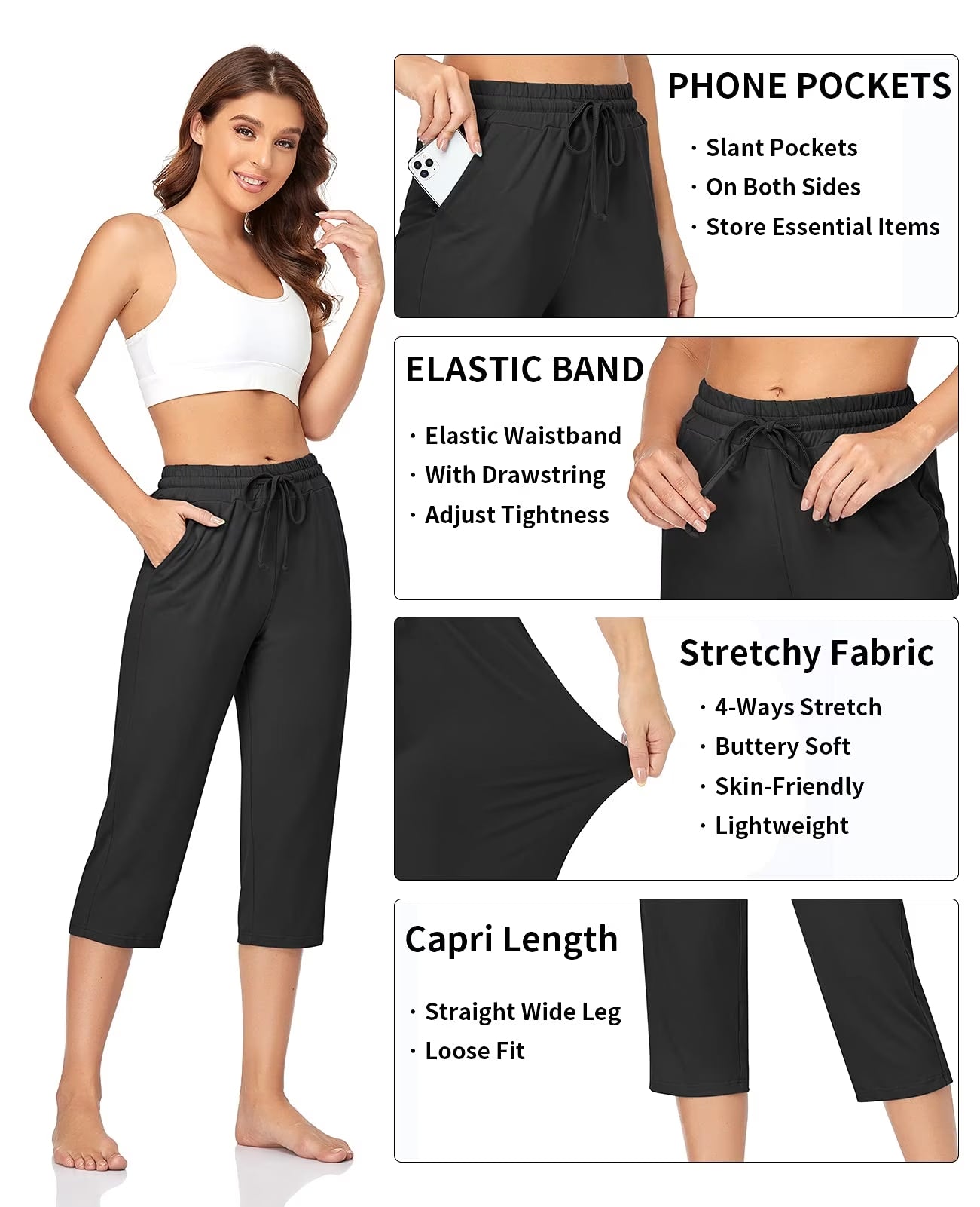SOMER Yoga Pants with Pockets for Women Capri Flared Pants High Waist Drawstring Workout Pants Casual Work Pants Flare Leggings for Summer