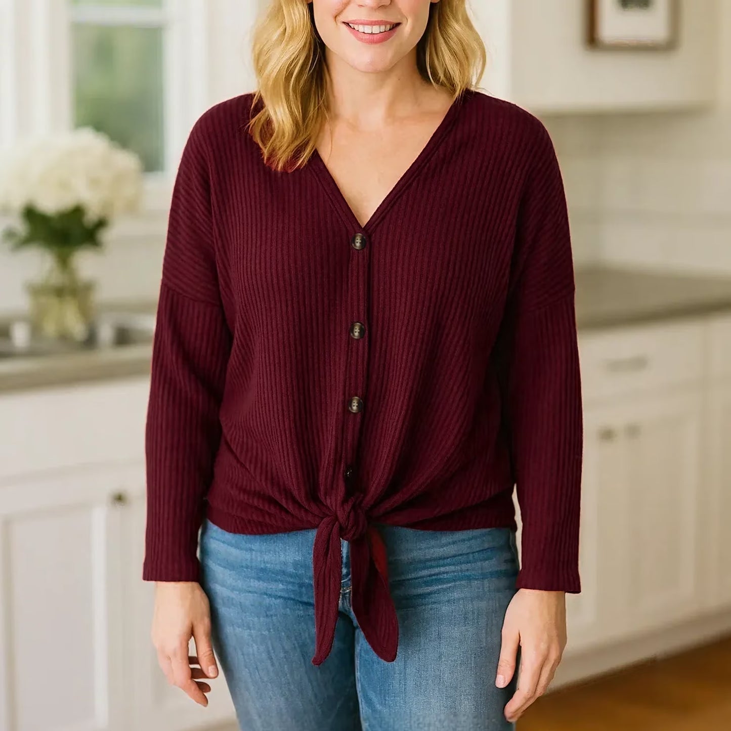SOMER Woman Blouses Plus Size Long Sleeve V Neck Waffle Knit Tunic Blouse Tie Front Button Up T Shirts