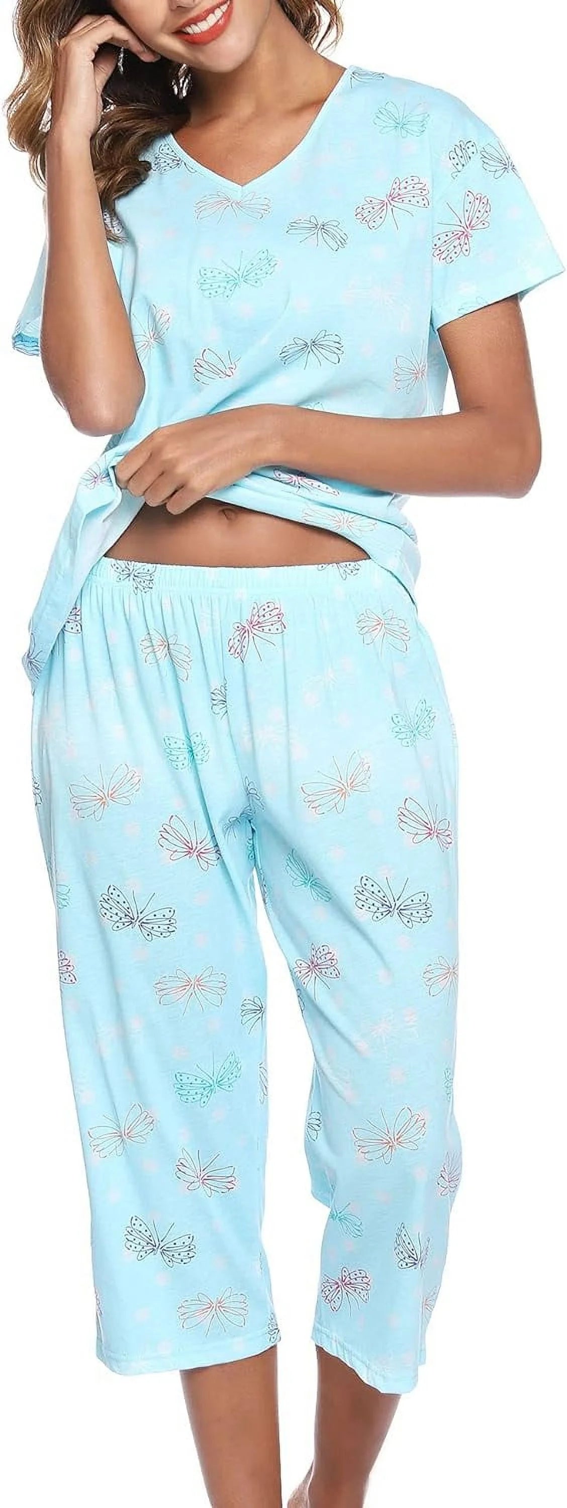 SOMER Womens Pajama Sets Cotton Pj Set Short Sleeve Top With Capri Pants Sleepwear 2 Piece Lounge Set