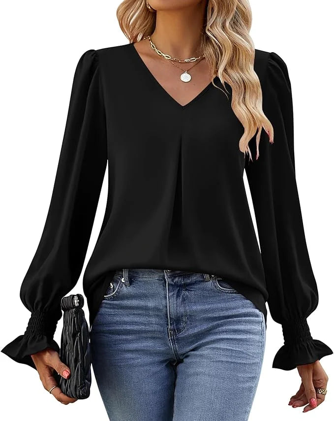 SOMER Blouses for Women Dressy Casual Ruffle Chiffon Long Sleeve Tops V Neck Loose Chiffon Work Blouse with Smocked Cuffs 2025