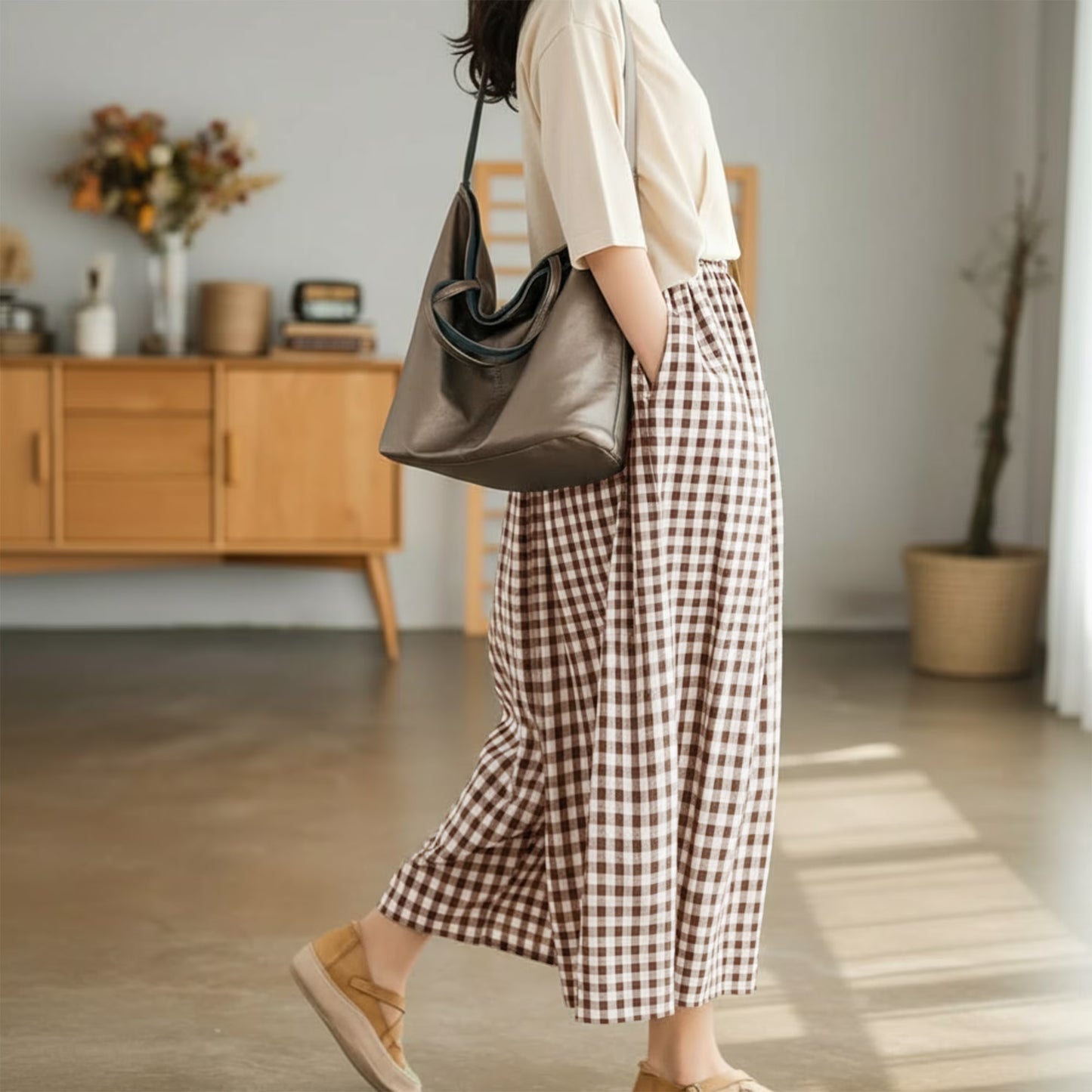 SOMER Women's Capri Plaid Pants Elastic Waist Gingham Wide Leg Palazzo Pants,Coffee