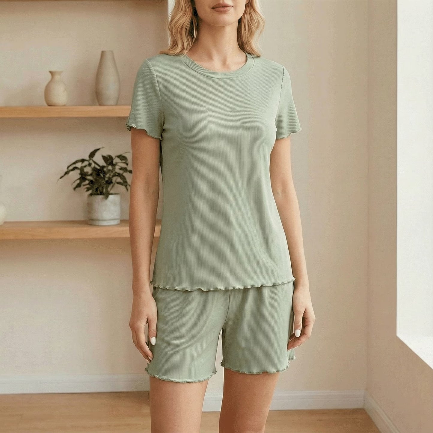 SOMER Women’s Pajama Set Ribbed Knit 2 Piece Pjs Short Sleeve Sleepwear Casual Soft Lounge 2026 Summer Green