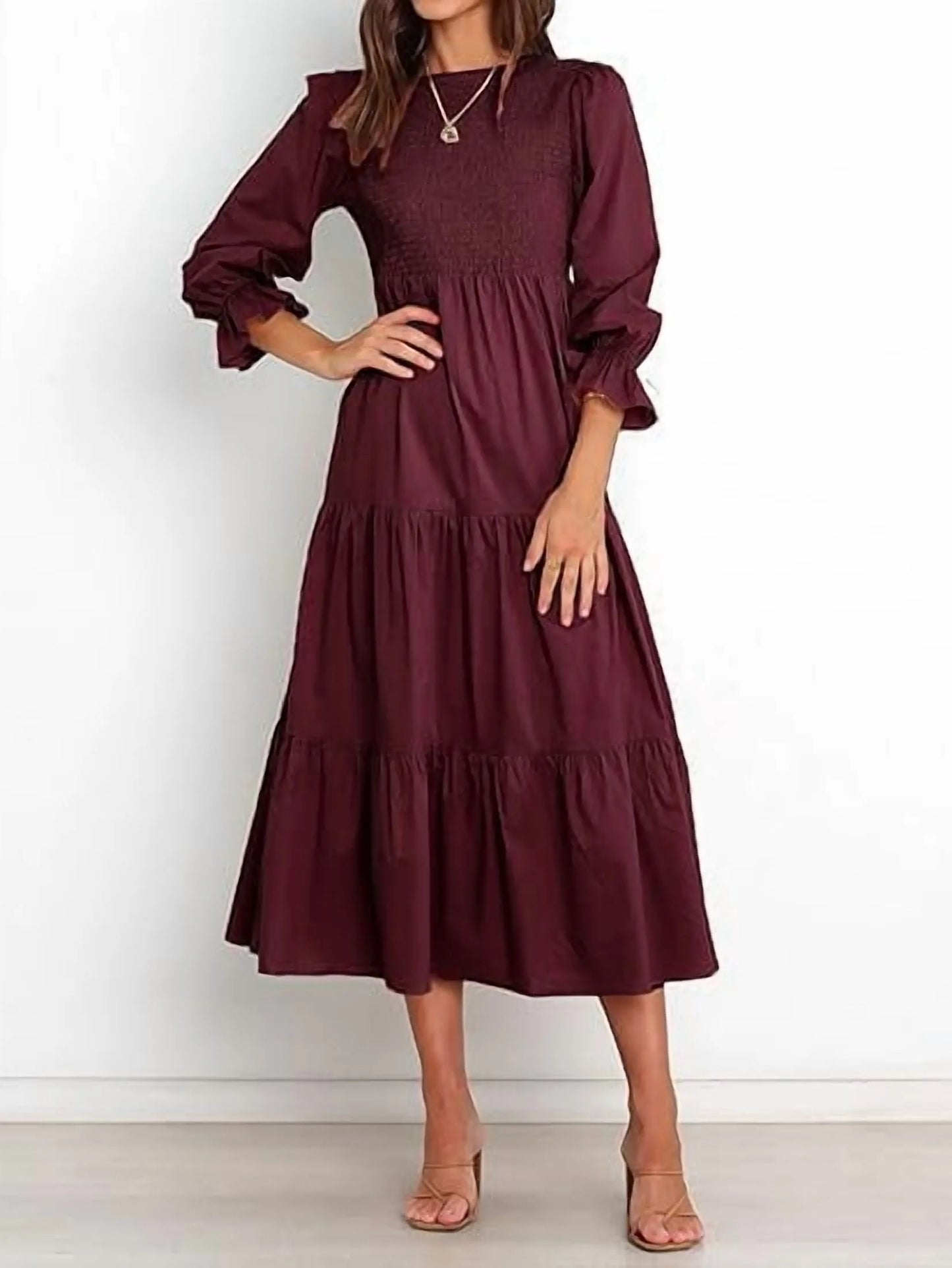 SOMER Womens Dress Long Sleeve Crew Neck High Waist Flowy Tiered Swing Long Dresses 2025 Fall Casual Fashion Wine Red