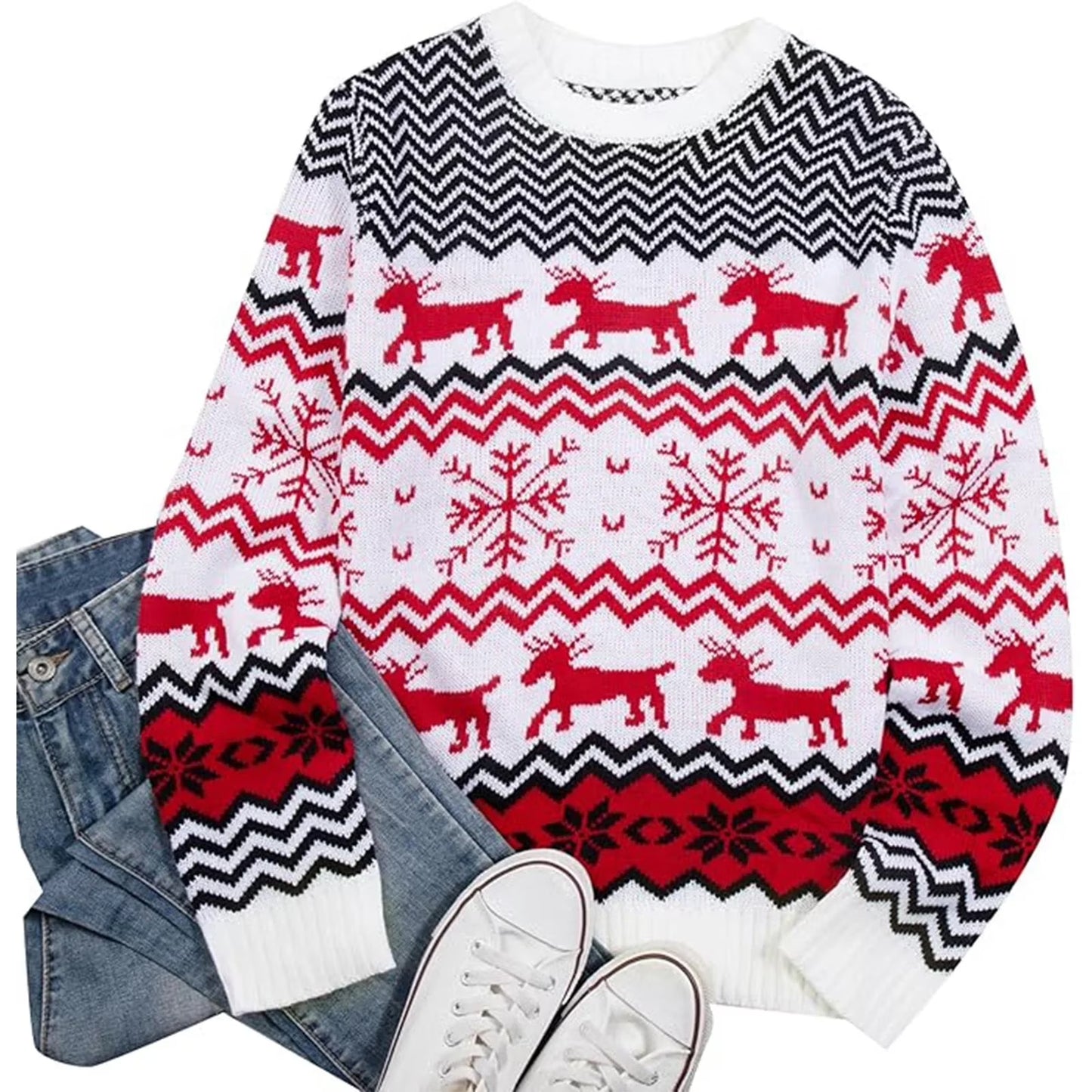 SOMER Ugly Christmas Sweater 2-Piece Set for Women & Men Warm Thick Knit Pullover Reindeer Snowflake Tops for Family Couples Holiday Party New Year Red