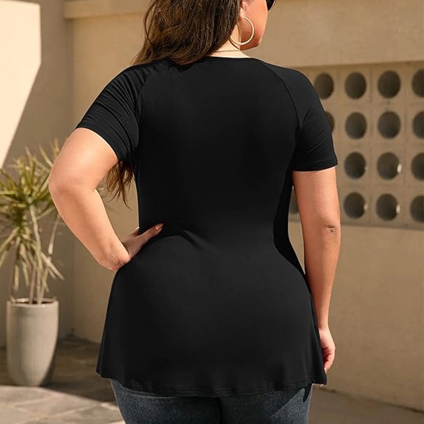 SOMER Women's Tops Plus Size T Shirt Short Sleeve V Neck Dressy Wrap Flowy 2025 Summer Black