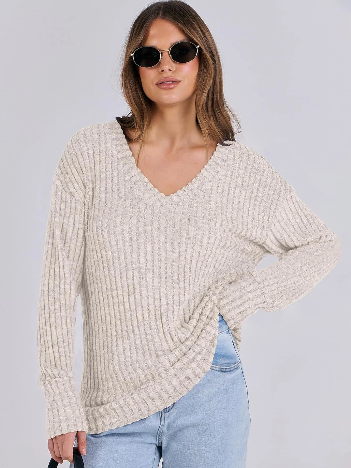 SOMER Long Sleeve Shirts for Women V Neck Casual Fall Tops Loose Fit Lightweight Sweaters Tunic Fashion 2025 Clothes Beige