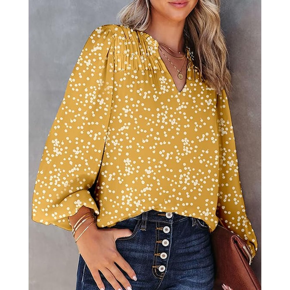 SOMER Boho Tops for Women Blouses for Women Dressy Casual V Neck Floral Printed Puff Yellow Tops Loose Trendy Fall