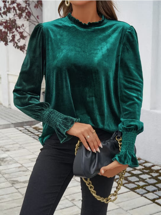 SOMER Womens Velvet Tops Long Sleeve Blouse Elegant Frilled Neck Dressy Shirt Business Casual Work Wear Fall Fashion