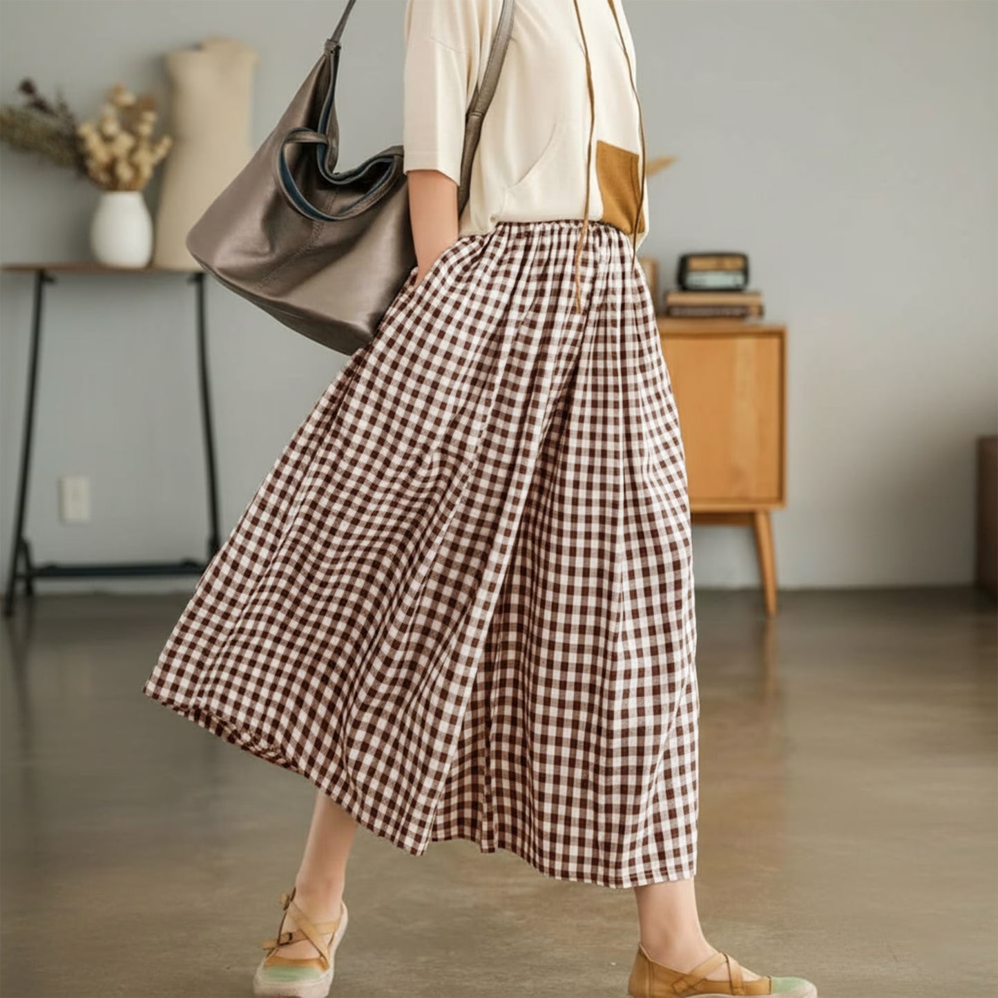 SOMER Women's Capri Plaid Pants Elastic Waist Gingham Wide Leg Palazzo Pants,Coffee