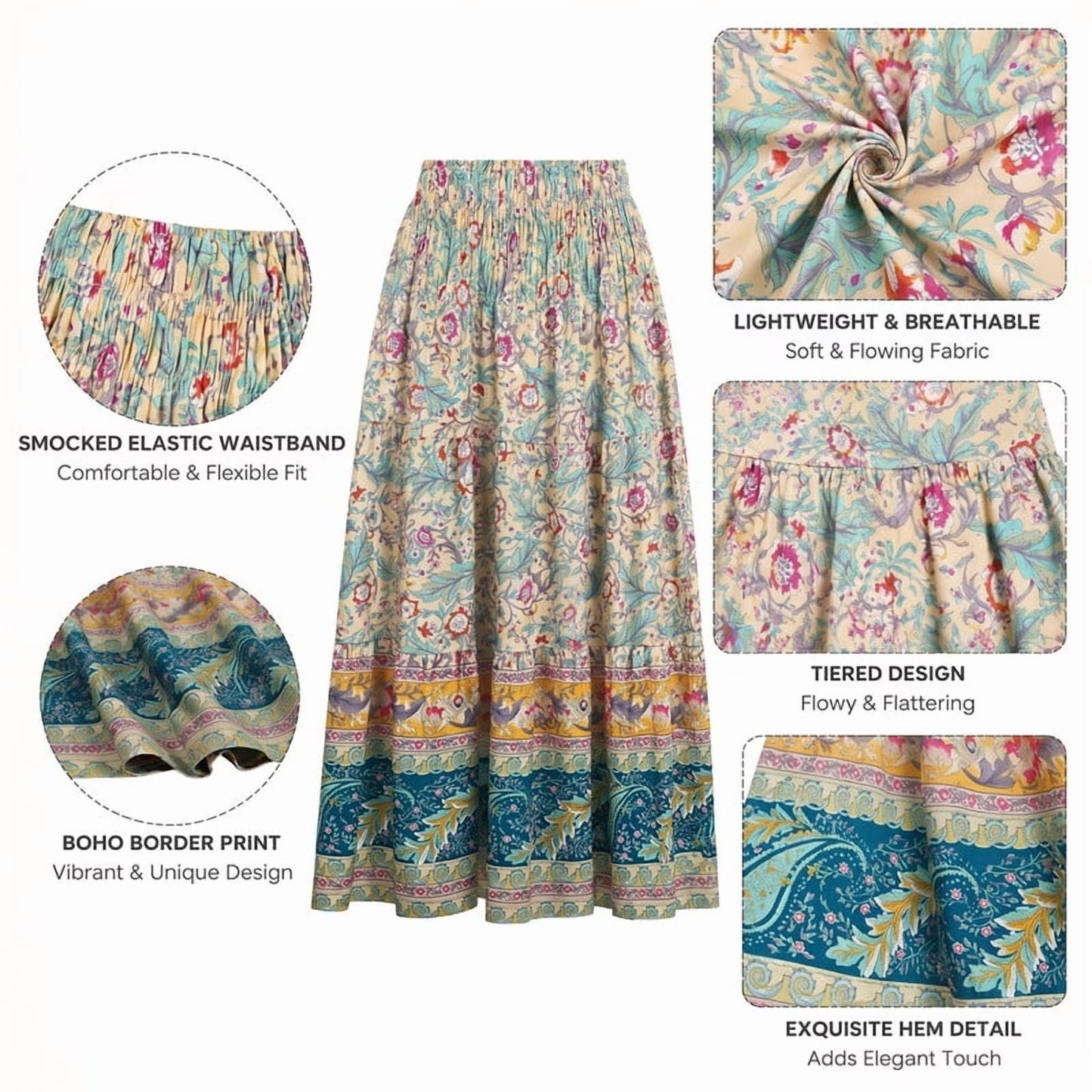 SOMER Skirts for Women Maxi Skirts Bohemian Flowy High Waist A Line Skirts Summer Pleated