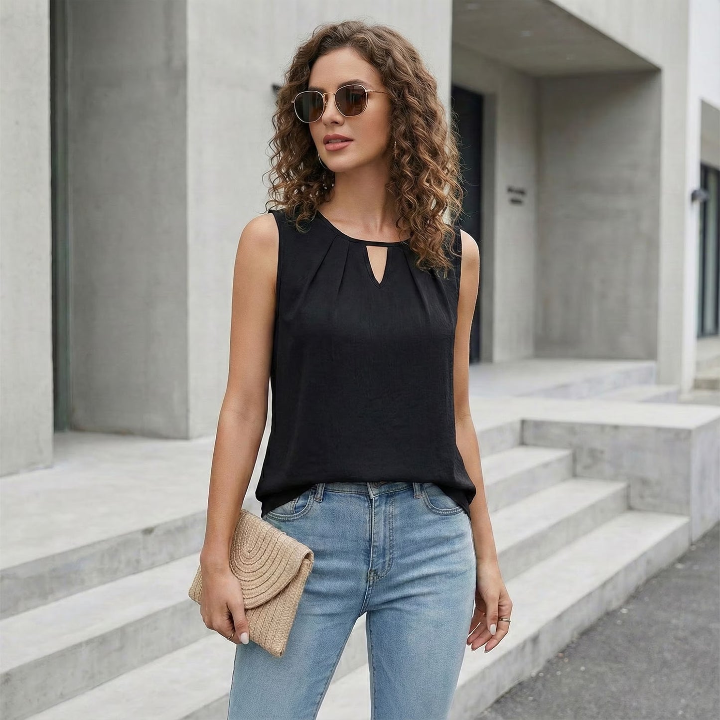 SOMER Dressy Tank Tops for Women Keyhole Neck Pleated Neck Sleeveless Blouse Casual Business Work Shirts Summer Trendy Black