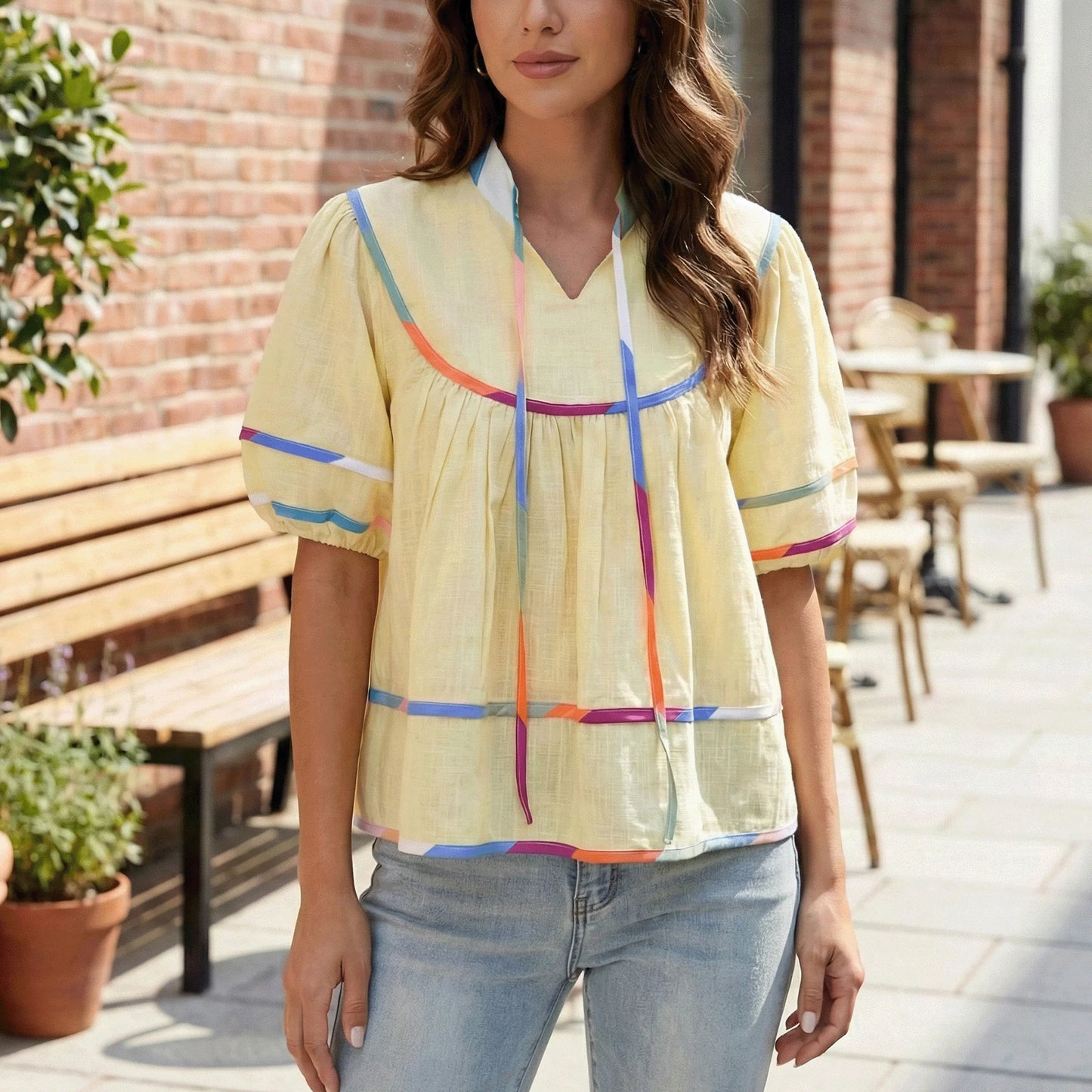SOMER Womens Peplum Tops Going Out Top Casual Short Sleeve V-Neck Blouse Flowy Shirt with Color Trim for Work,2026 Spring Summer Trend