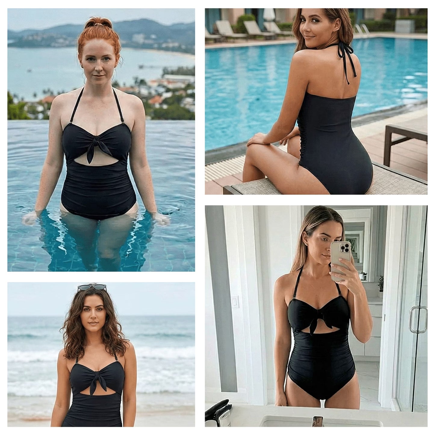 SOMER Women's One Piece Swimsuits Tummy Control Cutout High Waisted Halter Front Tie Knot Bathing Suit Black