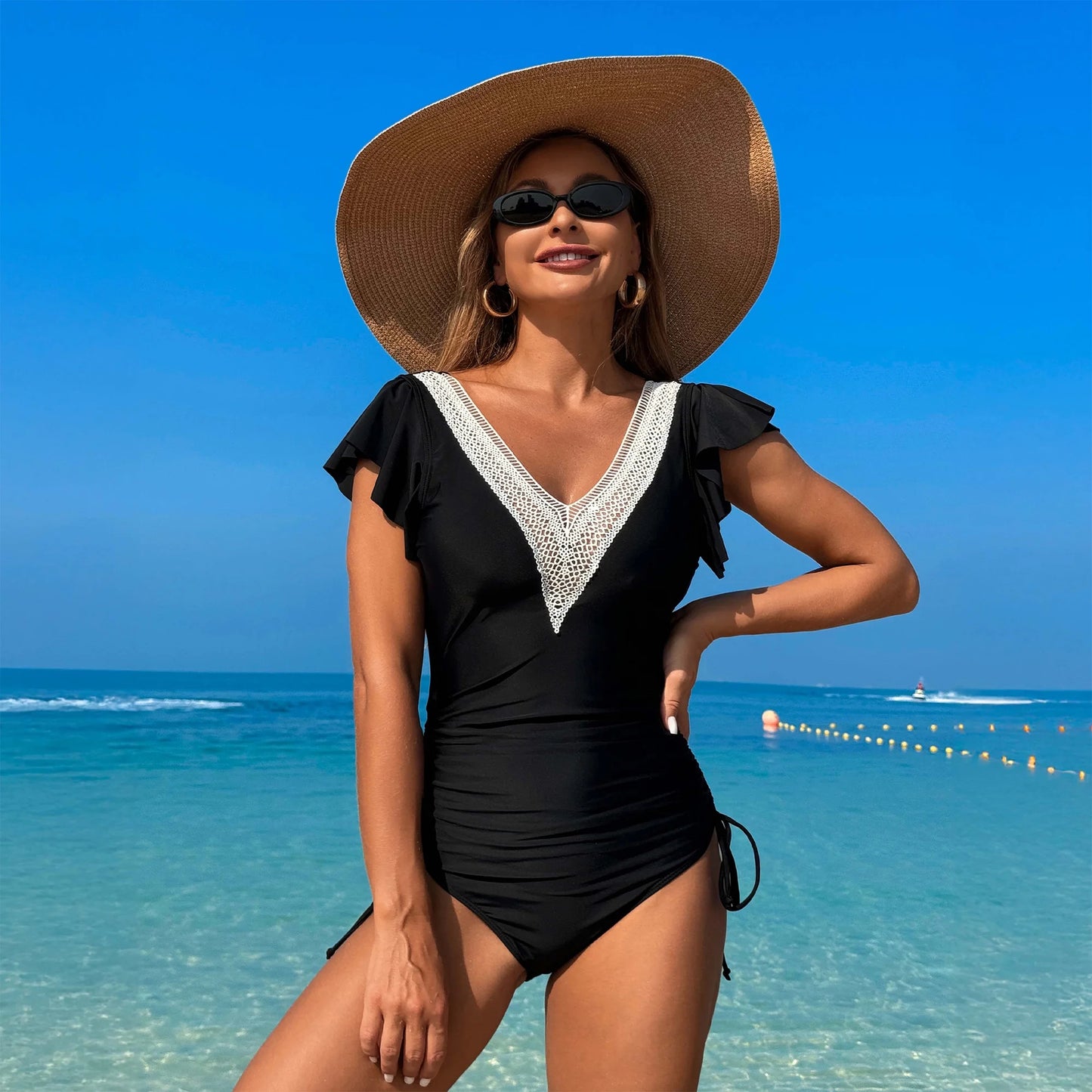 SOMER Women's One Piece Swimsuit Tummy Control Bathing Suits Ruffle Sleeves Slimming Swimwear