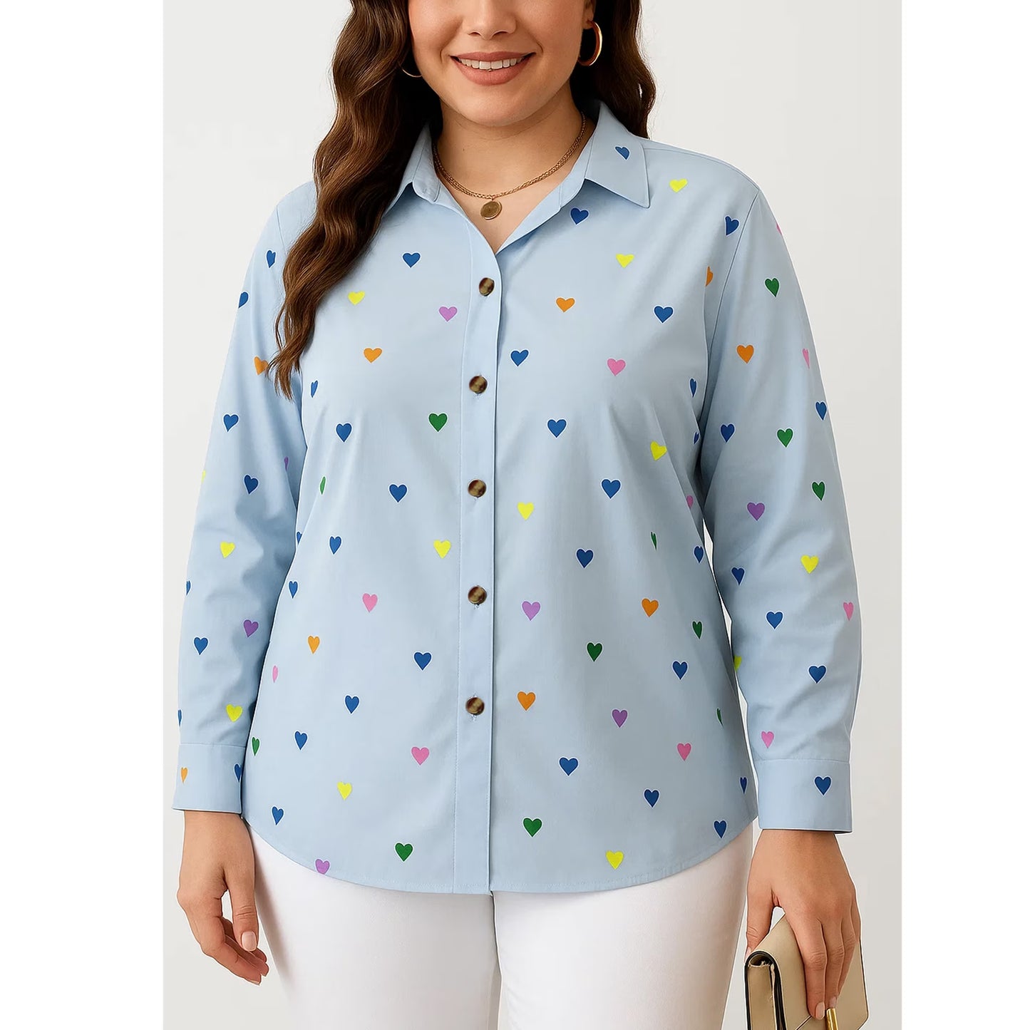 SOMER Womens Plus Size Button Down Blouses Long Sleeve V Neck Heart Print Collared Shirt Loose Fit Casual Fall Vacation Tops