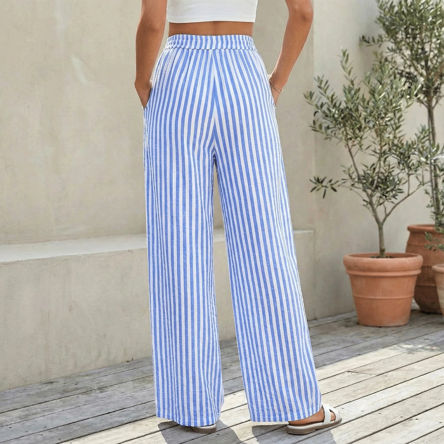 SOMER Women’s Wide Leg Pants Elastic Waist Striped Drawstring Lightweight Palazzo Pants Casual Lounge