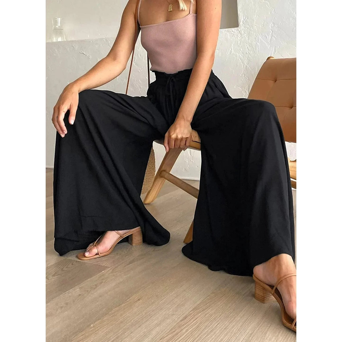 SOMER Women's Wide Leg Palazzo Pants Elastic High Waist Drawstring Trousers with Pockets Dressy Casual Flowy Lightweight Comfortable Lounge Pants