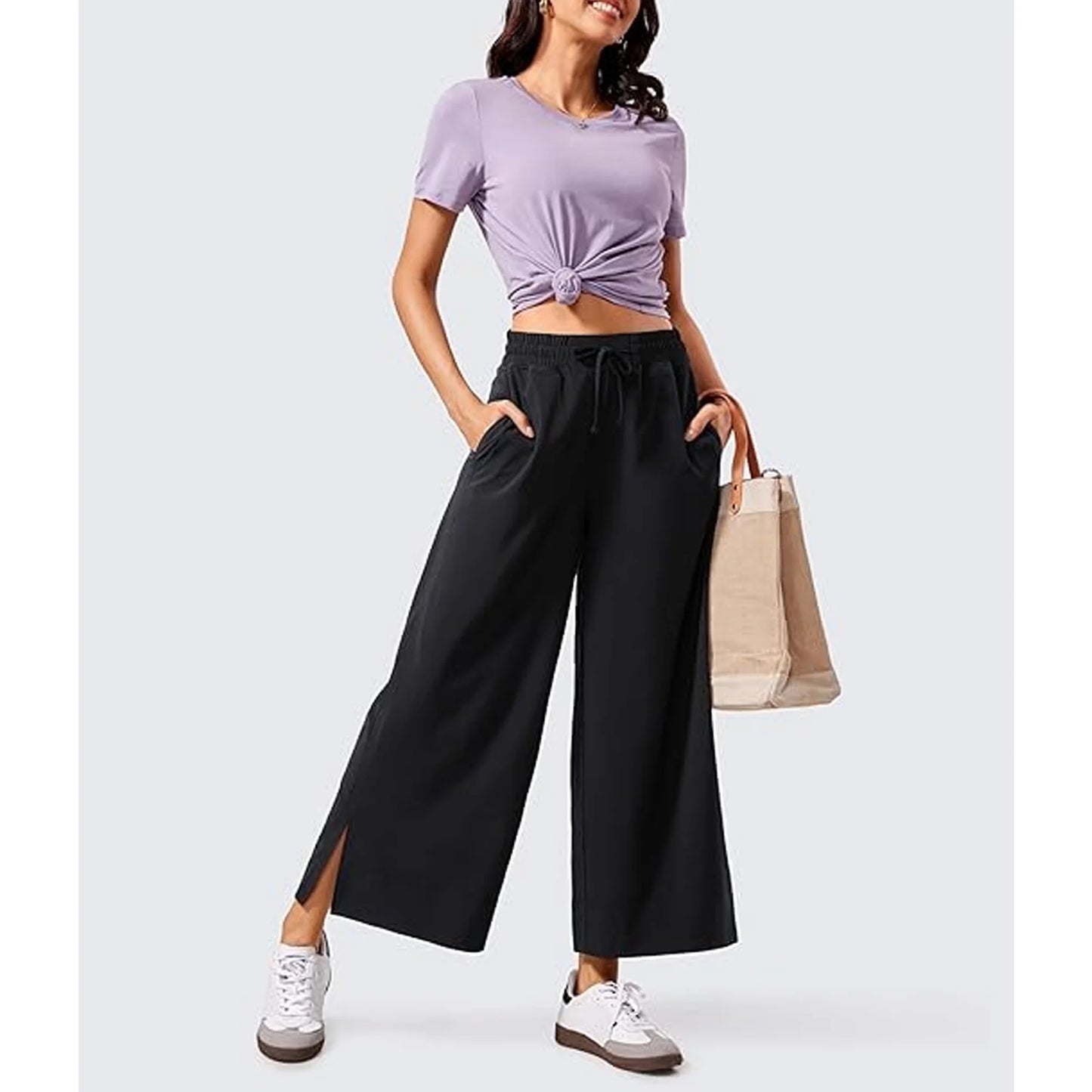 SOMER Wide Leg Pants for Women Cropped Sweatpants Flowy Palazzo Dresses Yoga Pants Athleisure Work Lounge Pants Comfy Casual with Drawstring Pocket Black