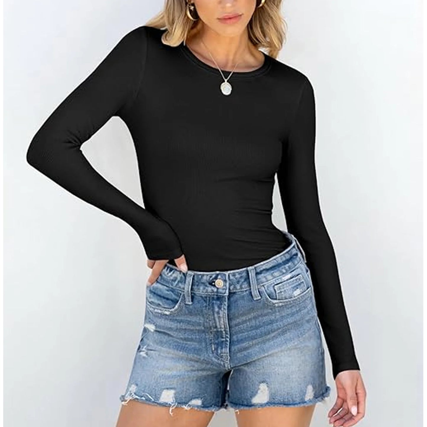 SOMER Long Sleeve Shirts for Women Casual Trendy Tops Fall Crewneck Ribbed Basic Dressy Slim Fit business Tees Shirts 2025 Black