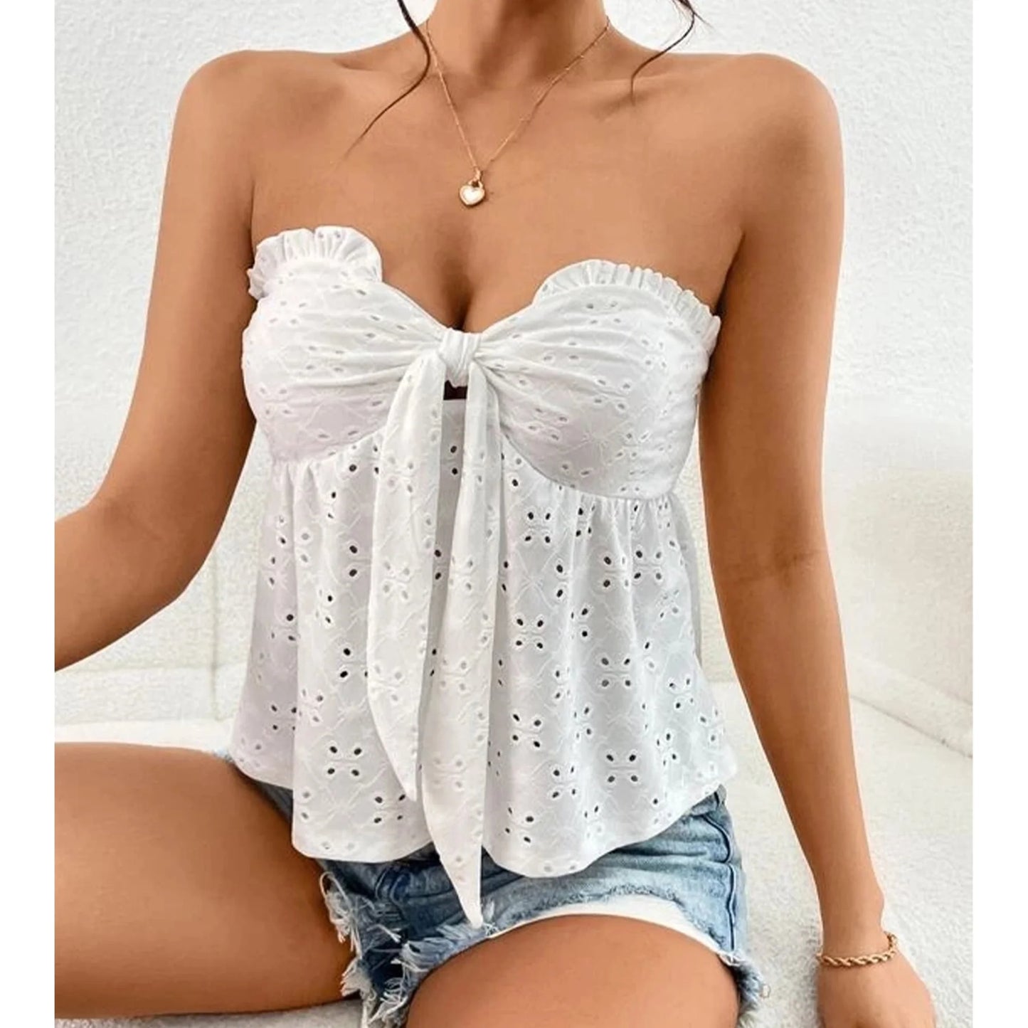 SOMER Tube Tops For Woman Summer Eyelet Bandeau Butterfly Knot Off Shoulder Top