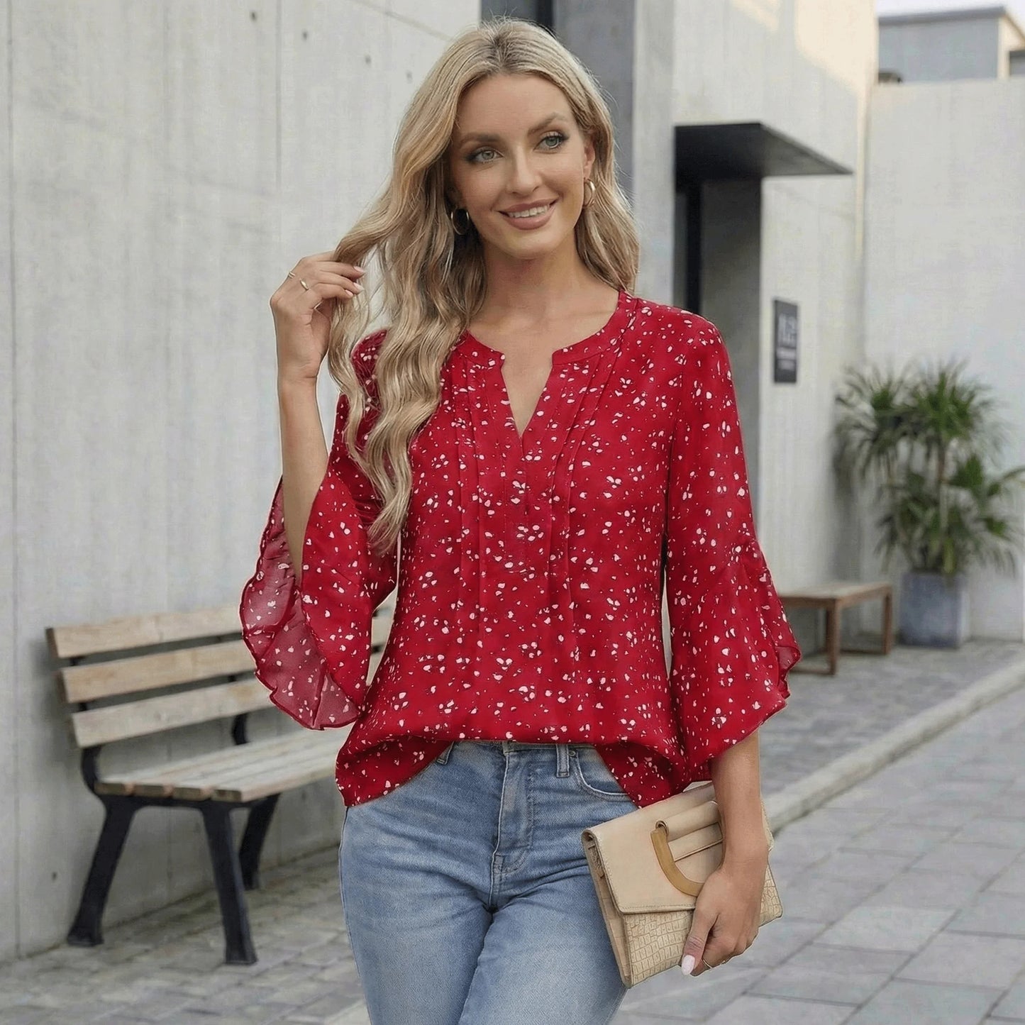 SOMER Women’s Flowy Tops Business Work Top 3/4 Sleeve Blouses V-Neck Summer Dressy Casual Shirts Red