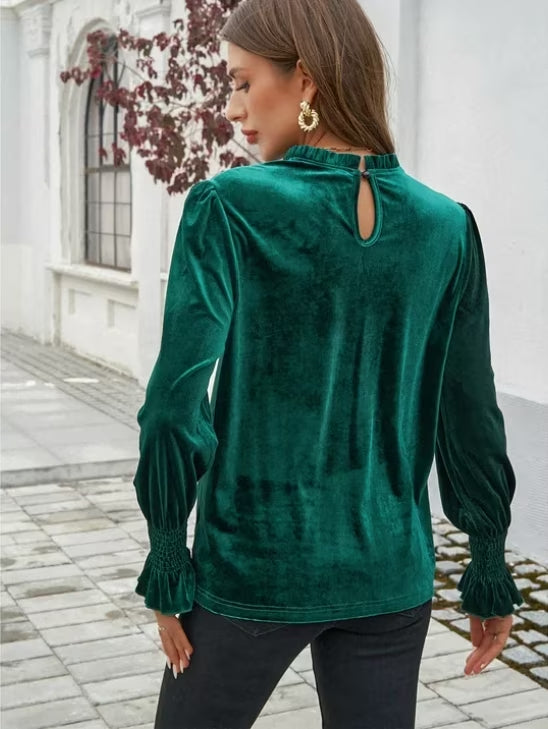 SOMER Womens Velvet Tops Long Sleeve Blouse Elegant Frilled Neck Dressy Shirt Business Casual Work Wear Fall Fashion