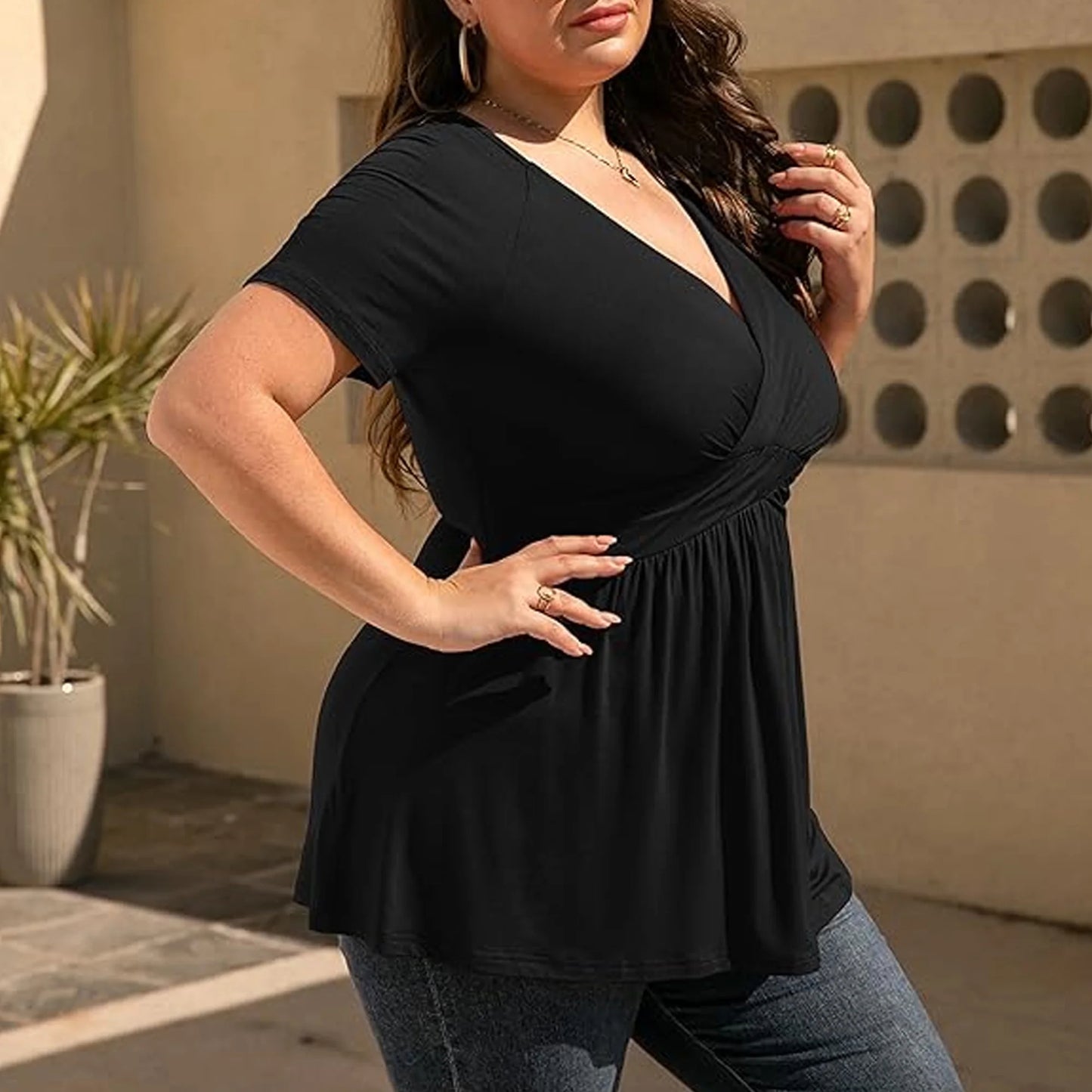 SOMER Women's Tops Plus Size T Shirt Short Sleeve V Neck Dressy Wrap Flowy 2025 Summer Black