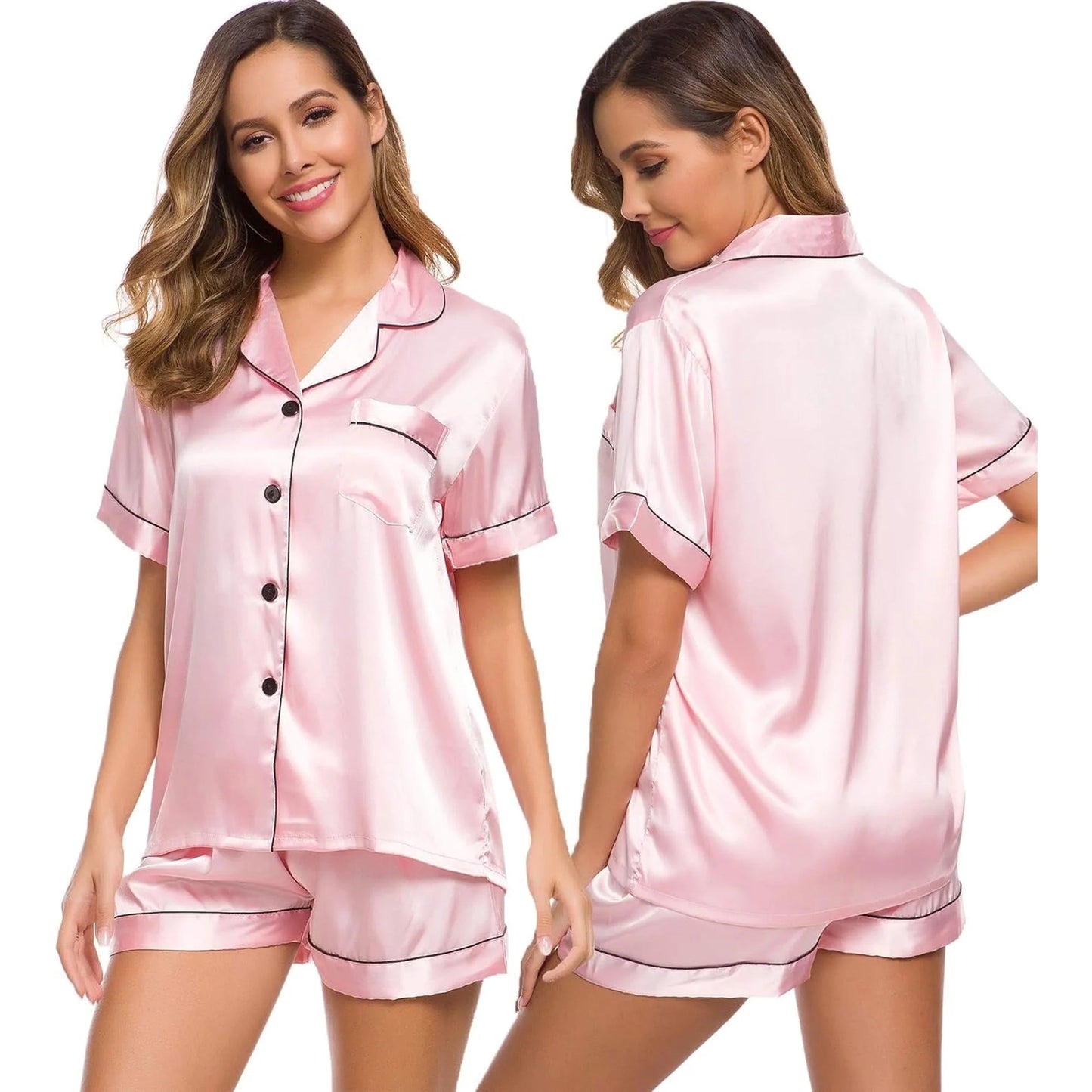 SOMER Silk Stain Pajamas for Women Set Short Sleeve Shirt with Shorts 2 Piece Pjs Sets Soft Silk Sleepwear Nightwear Button-Down Loungewear