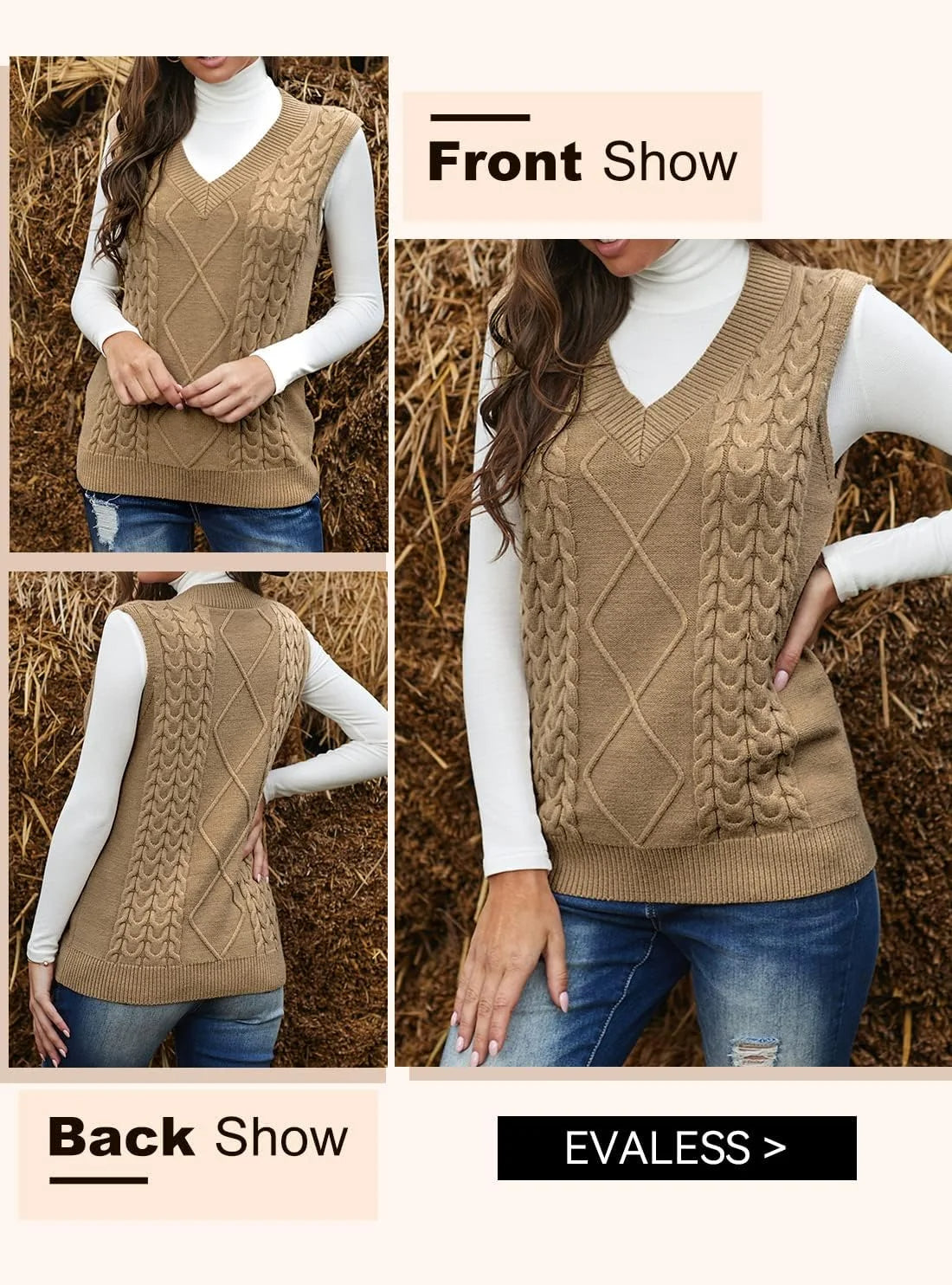 SOMER Women Sweater Vest Sleeveless V Neck Sweater Tops Loose Pullover Sweater Brown