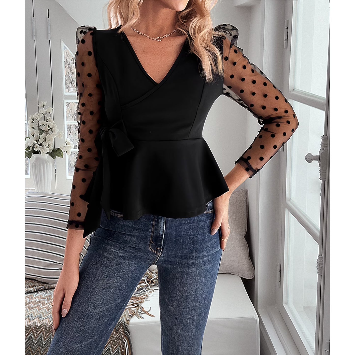 SOMER Womens V Neck Tops Black Going Out Tops for Women Dressy Casual Long Sleeve Lace Sexy Tops Trendy 2025