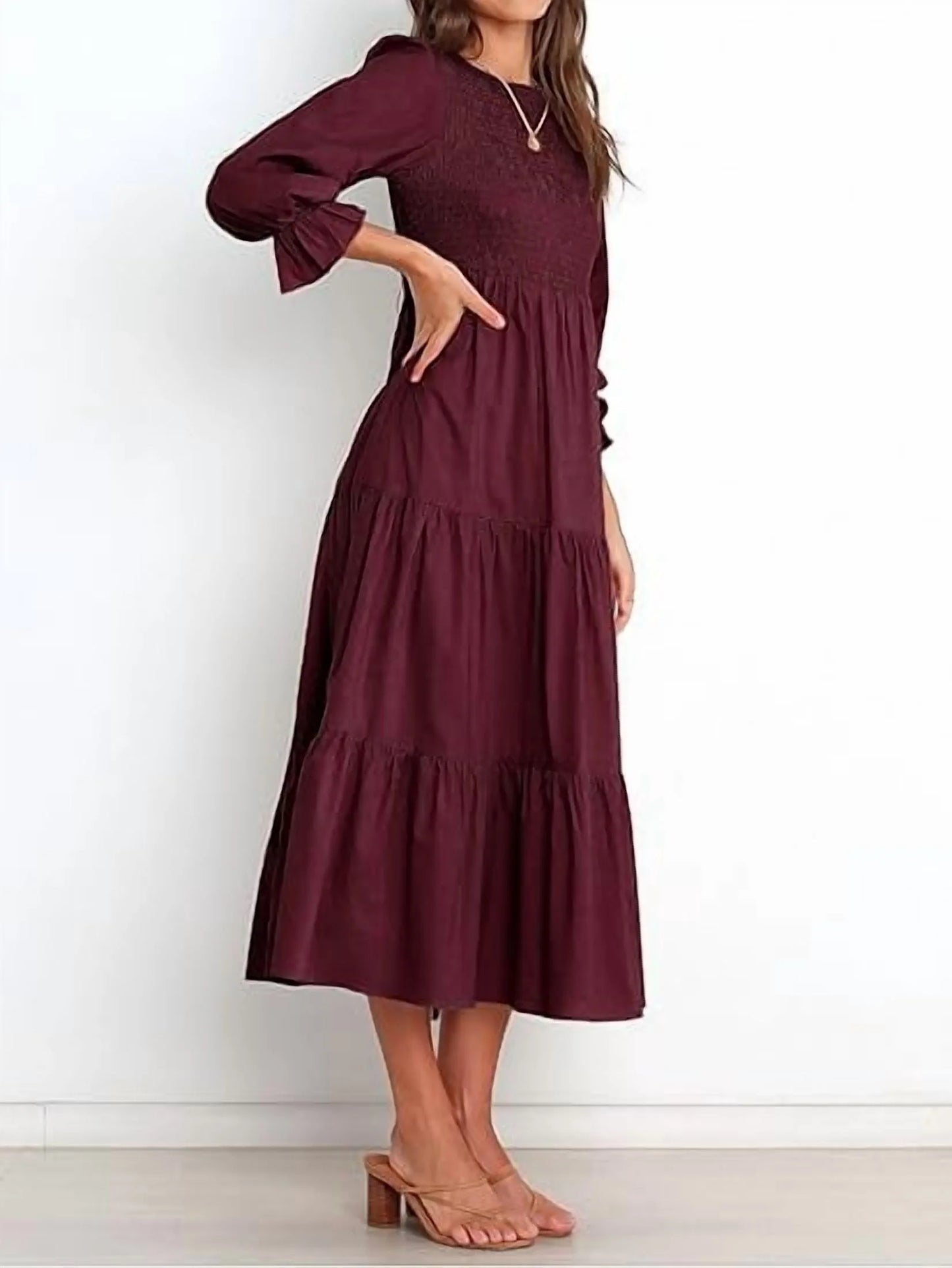 SOMER Womens Dress Long Sleeve Crew Neck High Waist Flowy Tiered Swing Long Dresses 2025 Fall Casual Fashion Wine Red
