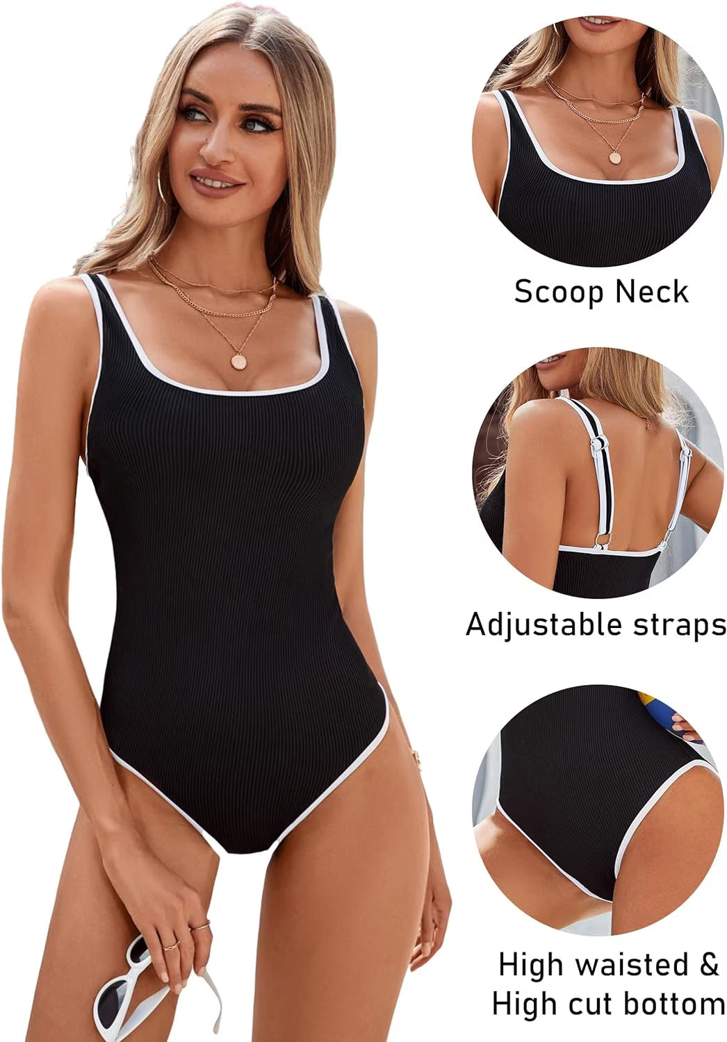 SOMER Women’s One Piece Swimsuit Sports Adjustable Straps Bathing Suit Tummy Control Ribbed Color Block High Cut Swimwear Black