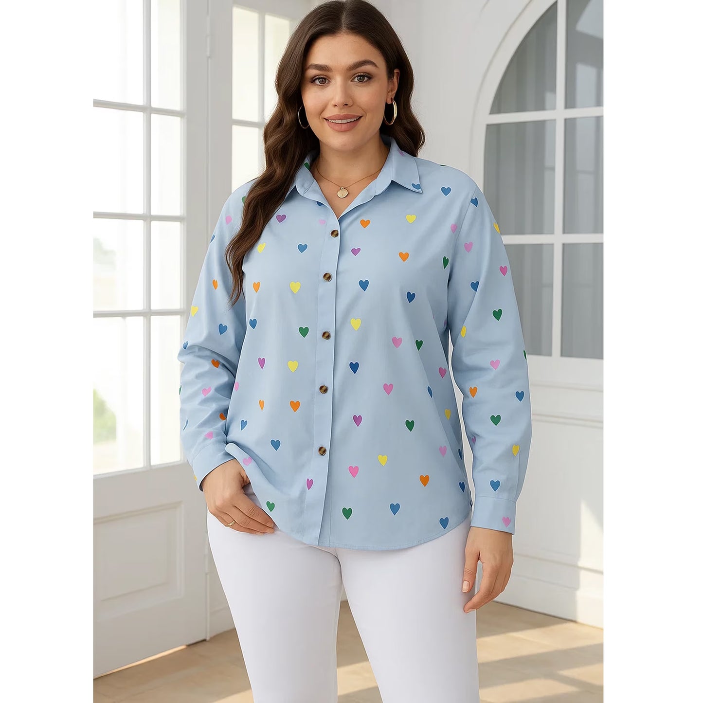 SOMER Womens Plus Size Button Down Blouses Long Sleeve V Neck Heart Print Collared Shirt Loose Fit Casual Fall Vacation Tops