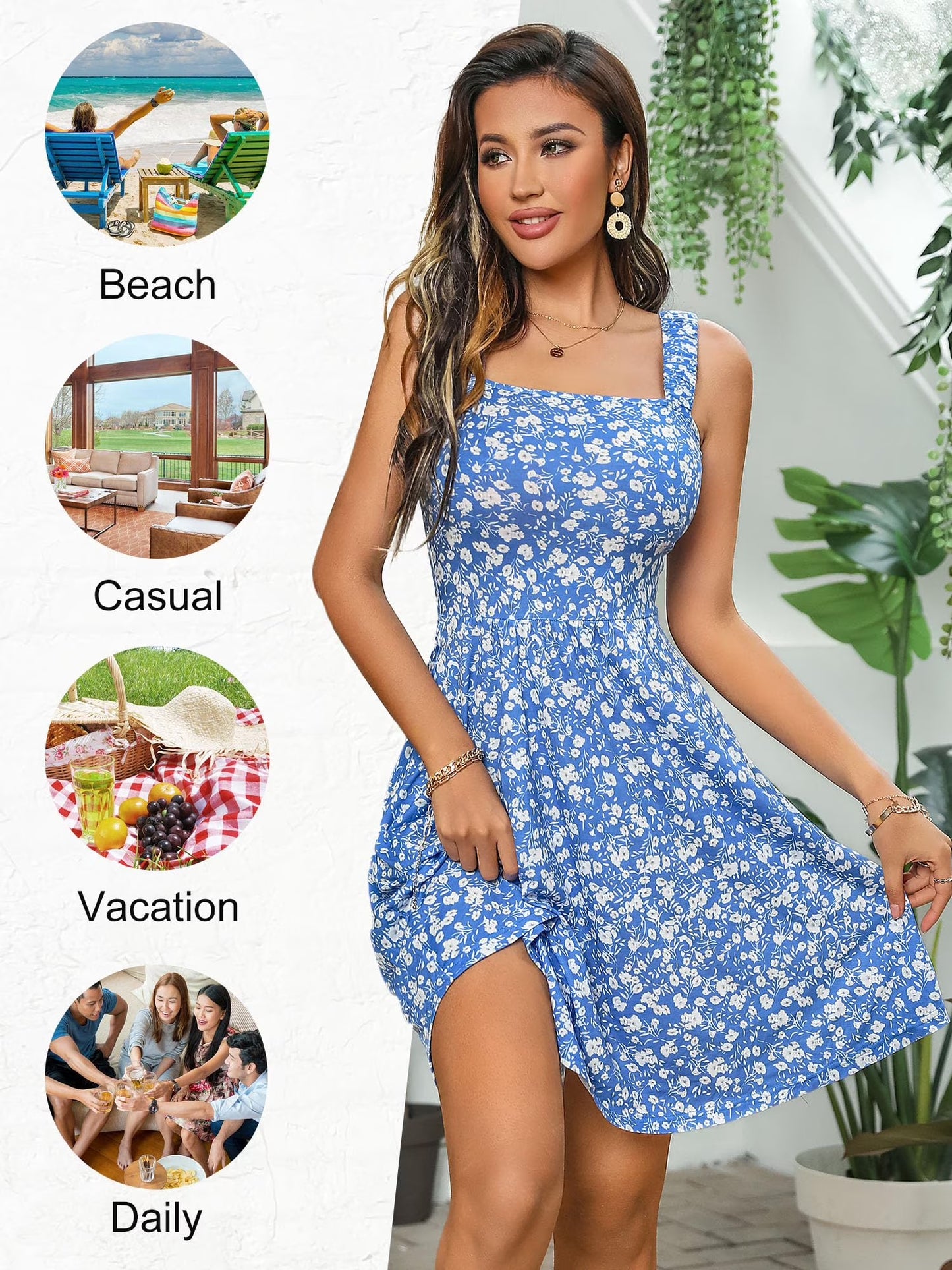 SOMER Women’s Summer Dresses Midi Sundress Square Neck with Pocket Sleeveless Boho High Waist A-Line Flowy Dress Casual Beach Vacation Yellow