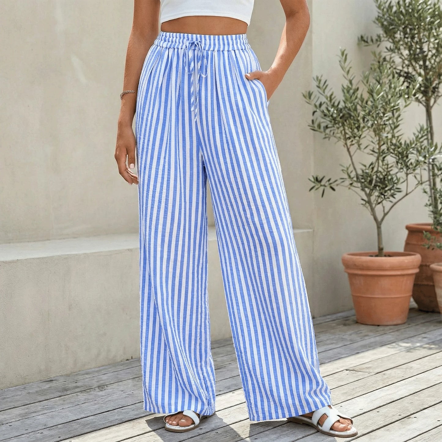 SOMER Women’s Wide Leg Pants Elastic Waist Striped Drawstring Lightweight Palazzo Pants Casual Lounge