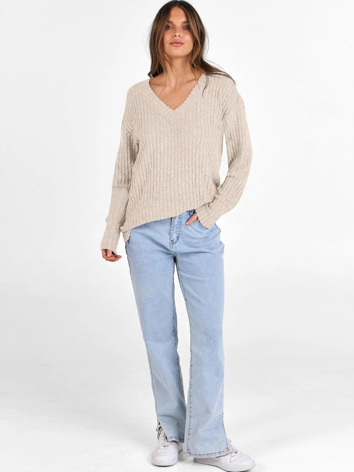 SOMER Long Sleeve Shirts for Women V Neck Casual Fall Tops Loose Fit Lightweight Sweaters Tunic Fashion 2025 Clothes Beige