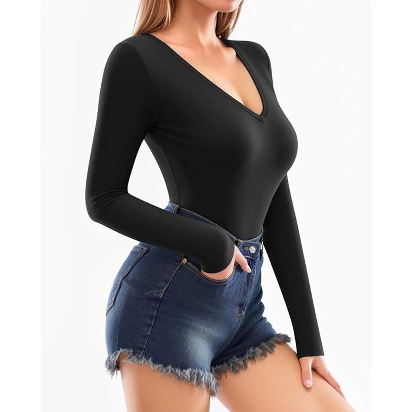 SOMER Body Suit Tummy Control Deep V Neck Long Sleeve Tops Black Bodysuit for Women Clothing